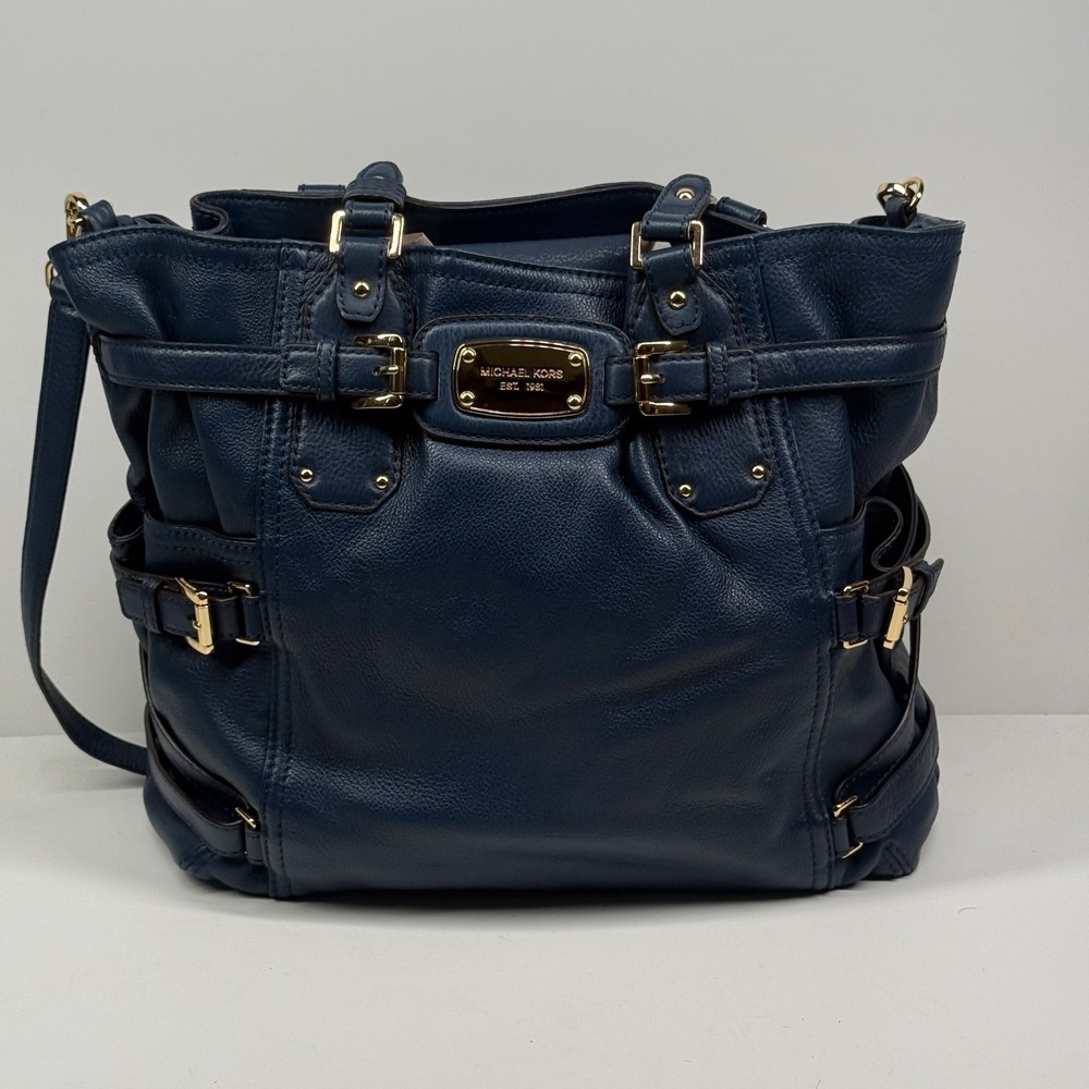 Michael Kors Gansevoort Tote Blue Leather Magnetic Snap Dual Handle Medium Bag